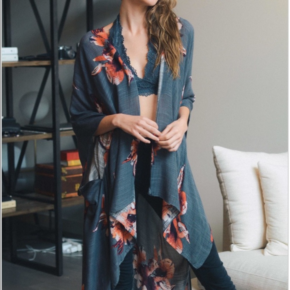 Charcoal Long Floral Kimono