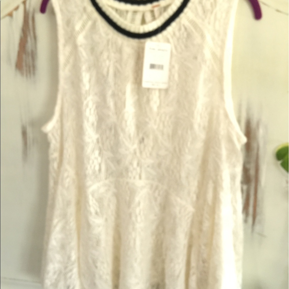 Free people white lace black trim sleeveless top