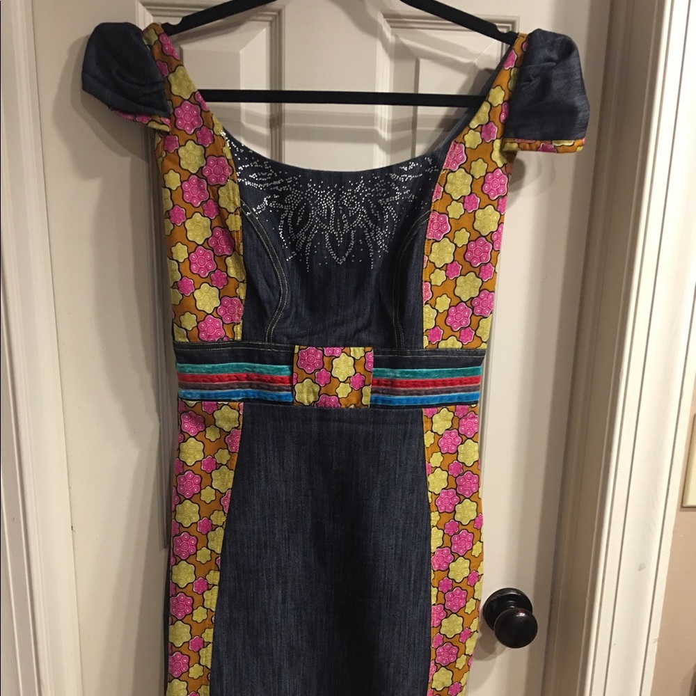 Ankara and Denim Dress embroidered