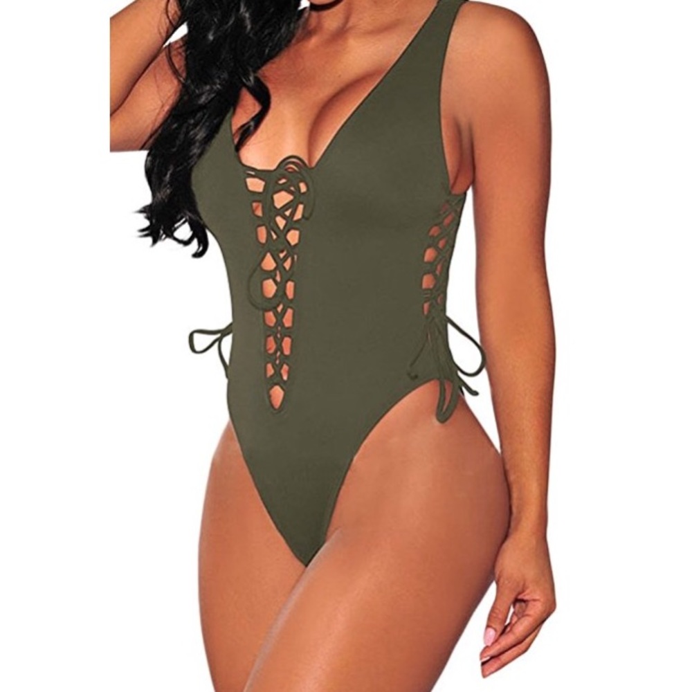 LACE UP HIGH CUT ONE PIECE SWIMSUIT
