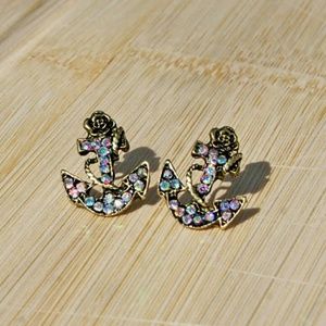 Anchor Stud Earrings with Rhinestones