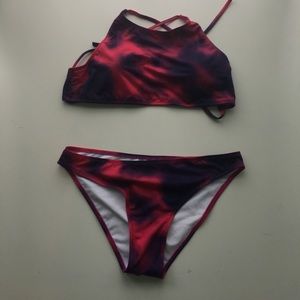 High neck bikini set, purple and red tie dye