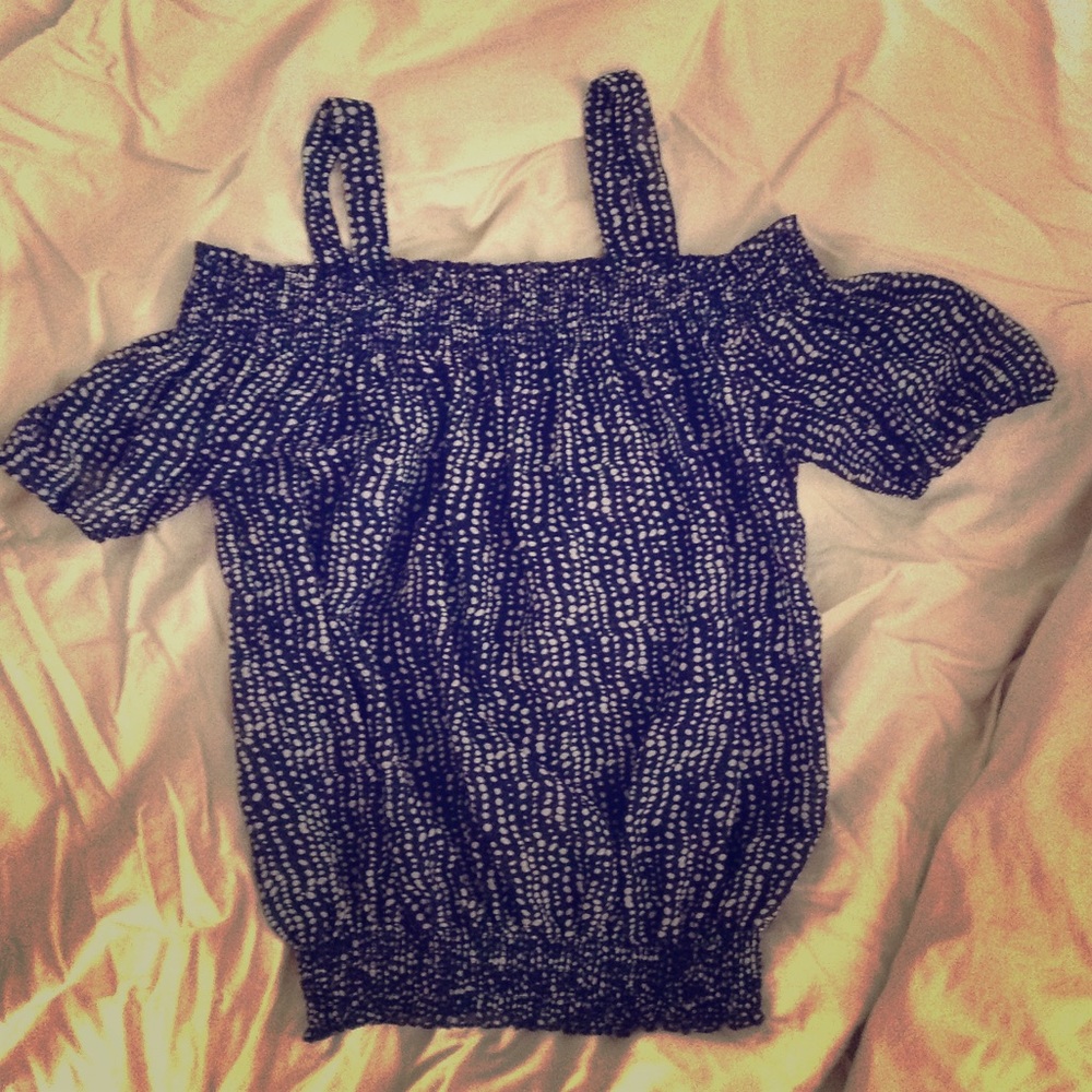 Blue/white polka dot off shoulder top
