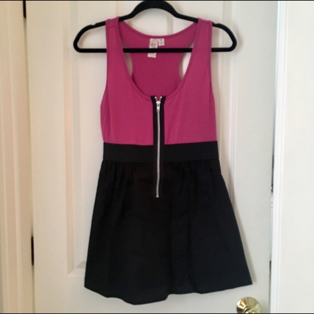 Fuschia and Black zipper Skater Dress