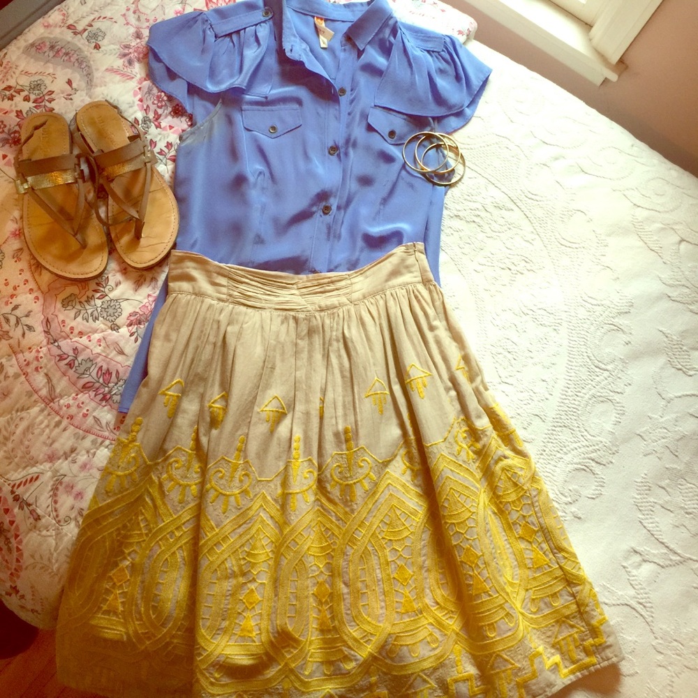 Anthropologie tan skirt with yellow embroidery
