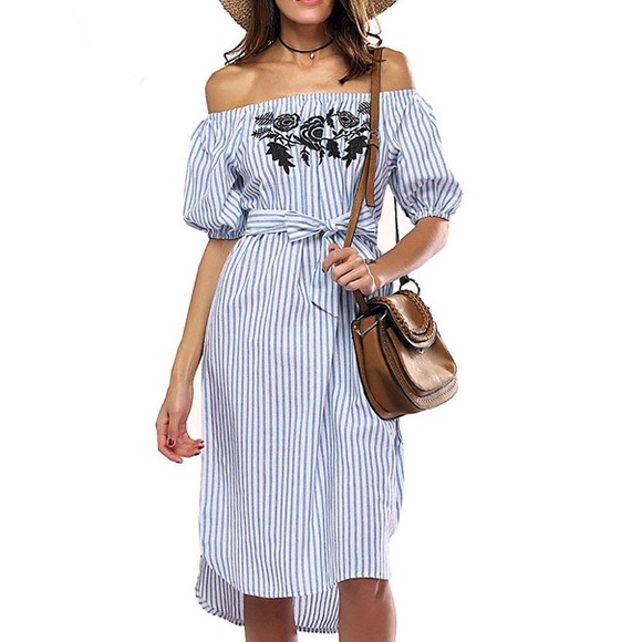 Striped Off the Shoulder Rose Sundress - Picture 2 of 5