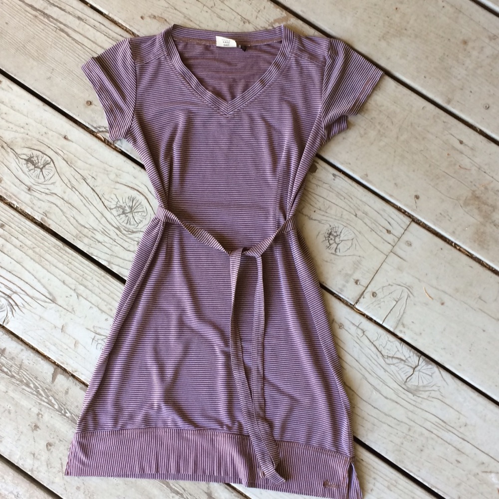 Brown and white striped dress with tie waist