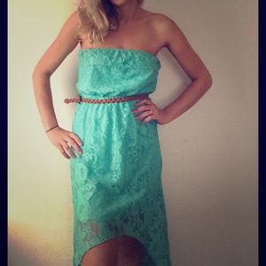 Trixxi Boho strapless teal lace high Low dress. S