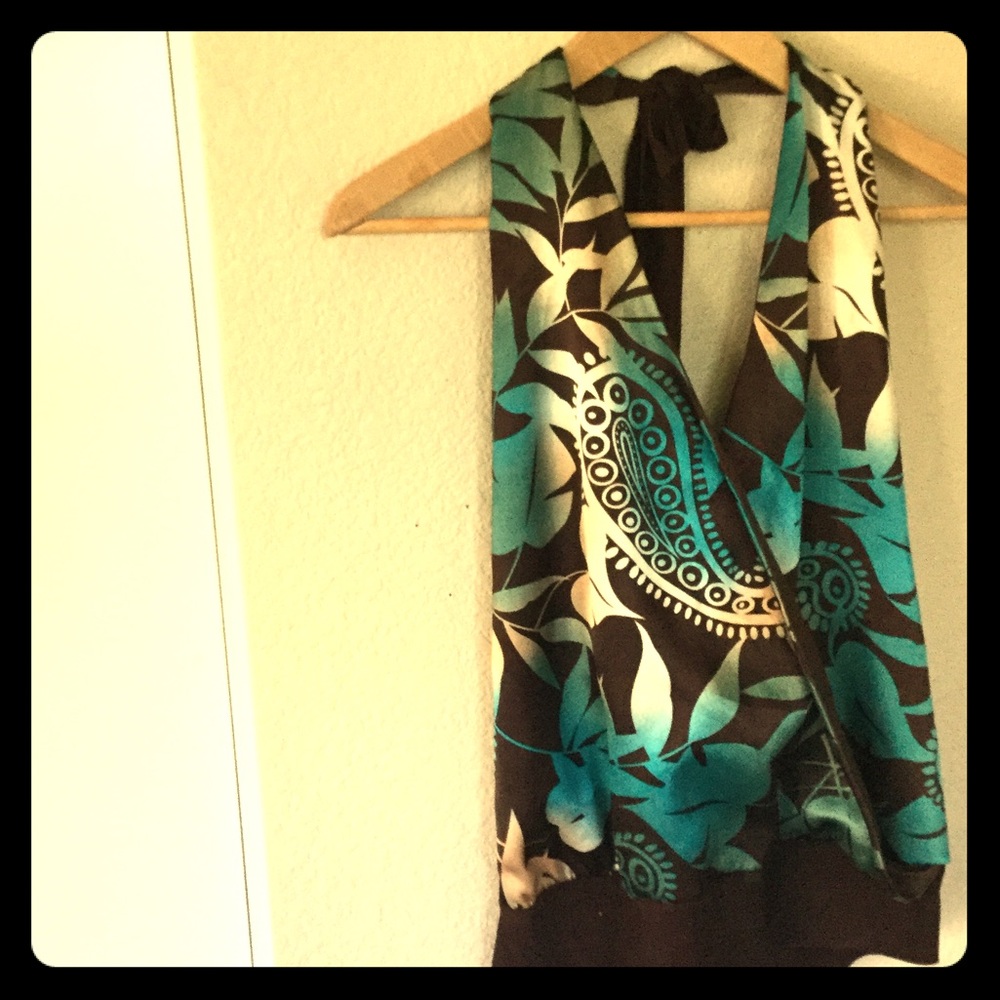 Sexy Tropical Brown Turquoise Halter Wrap Top
