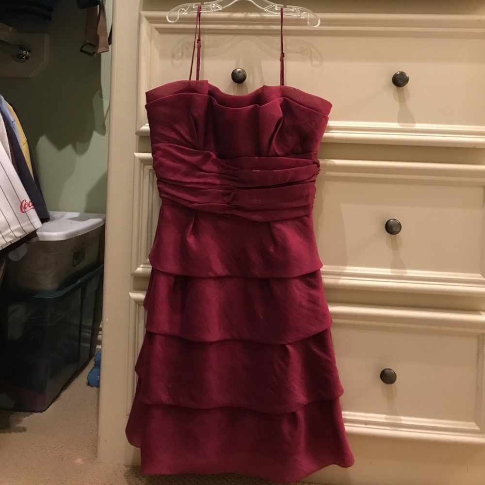 Magenta tiered cocktail dress w/ spaghetti straps