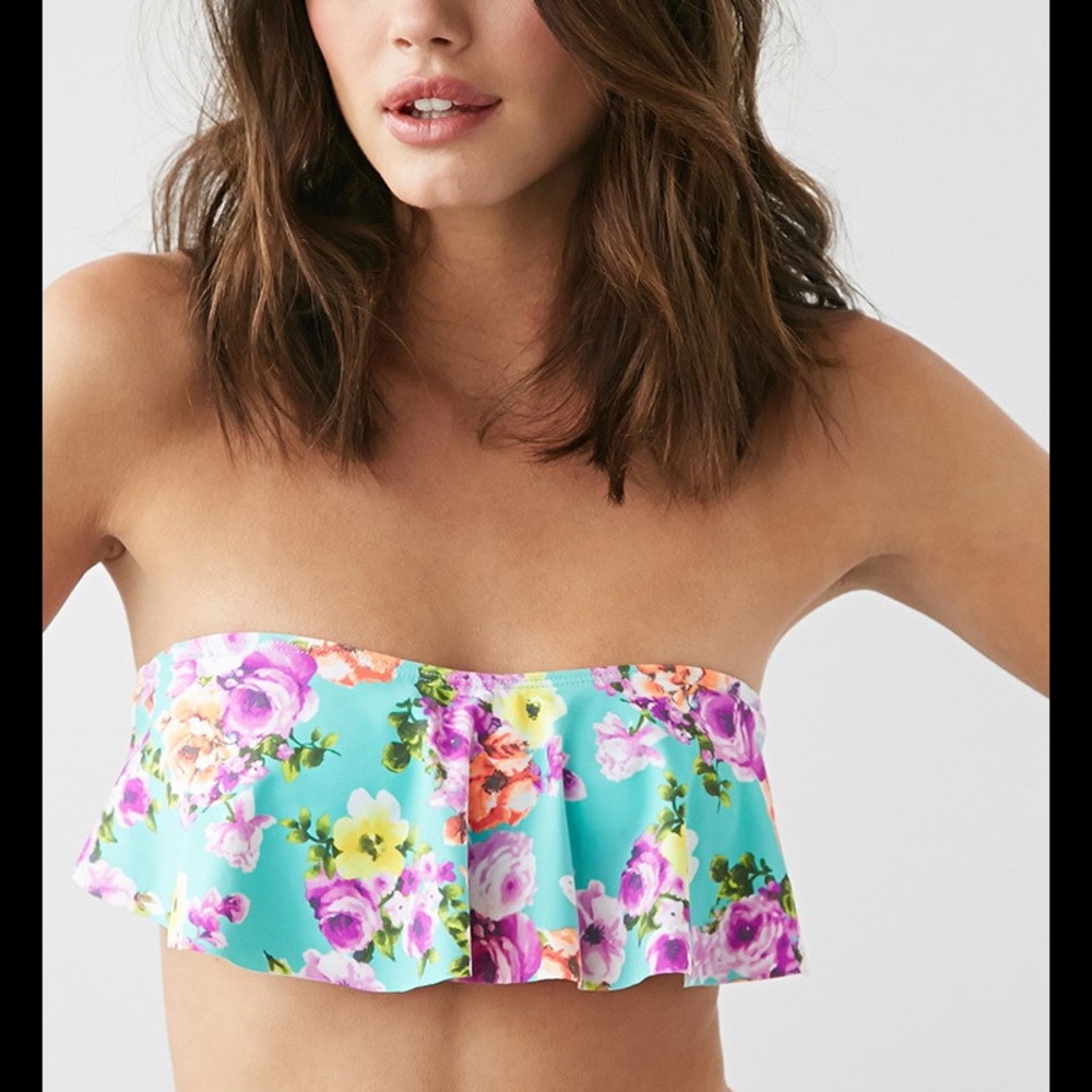 Blue Floral Flounce Bandeau Swim Top