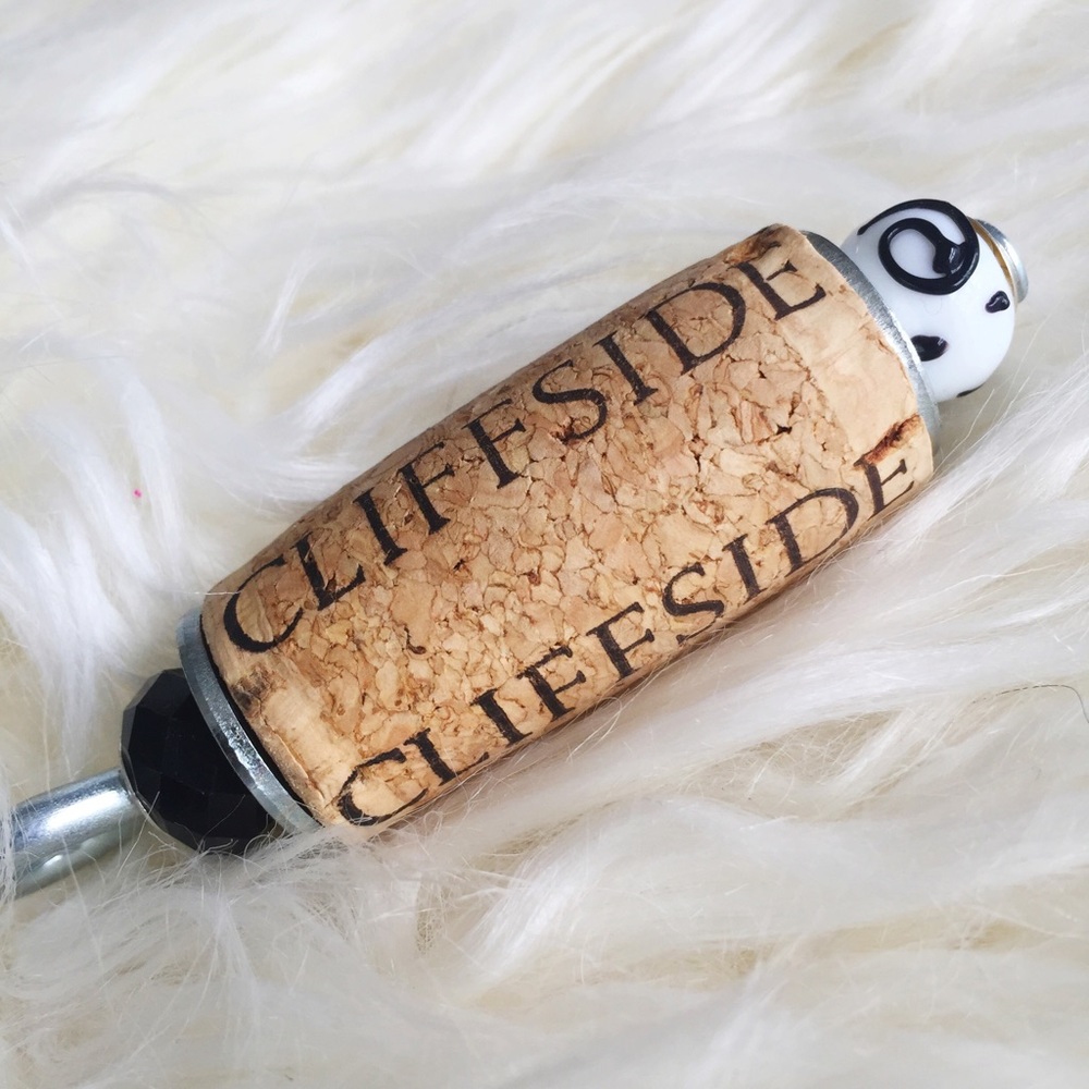 Black and white handmade wine cork keychain