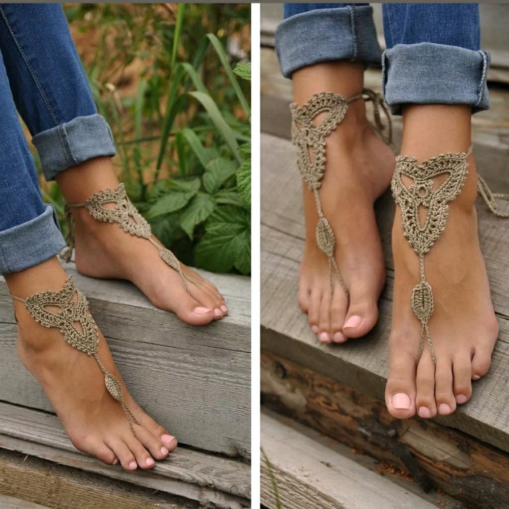 💃Beautiful Beige Barefoot Sandals!🌴🌊😱