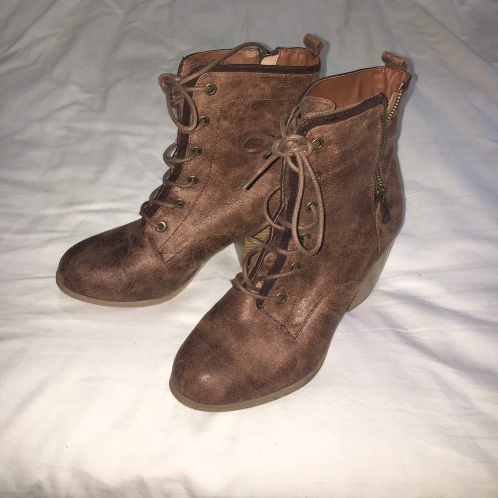 Brown suede heeled calf height mid boots