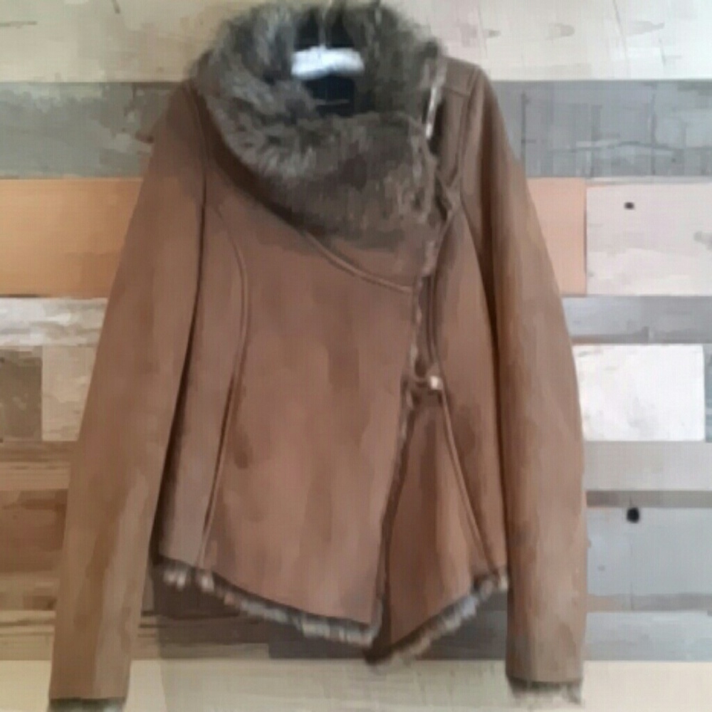 Faux suede coat w/ faux fur trim and lining, small