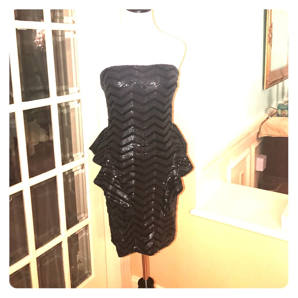 Bebe black sequin fitted dress with ruffles