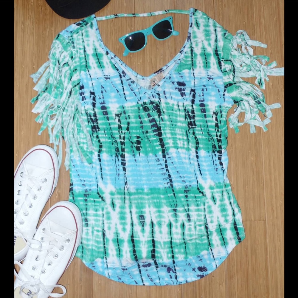 Green Blue Black Tie Dye Fringe Off Shoulder Top