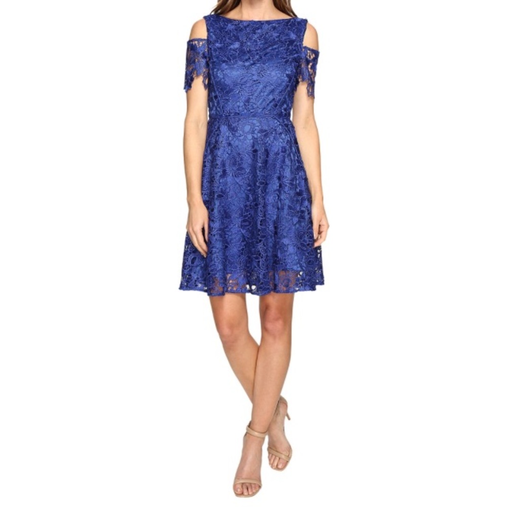 Tahari Blue Lace Dress with Opened Shoulders
