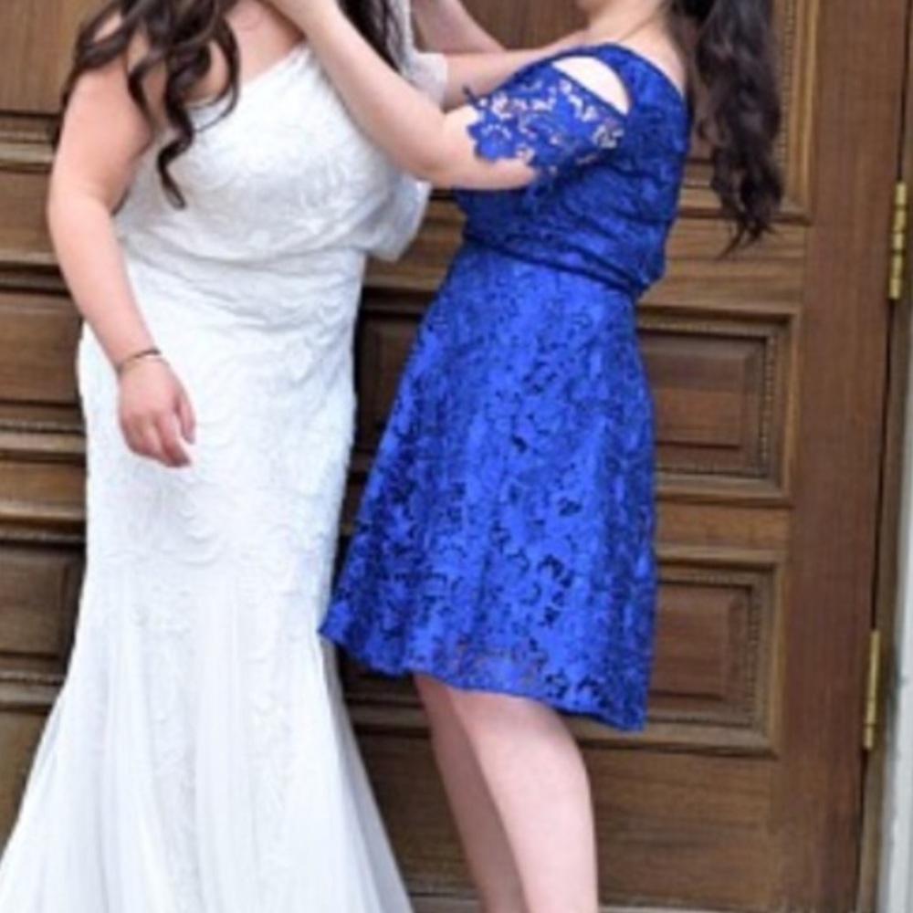 Tahari Blue Lace Dress with Opened Shoulders - Picture 4 of 5