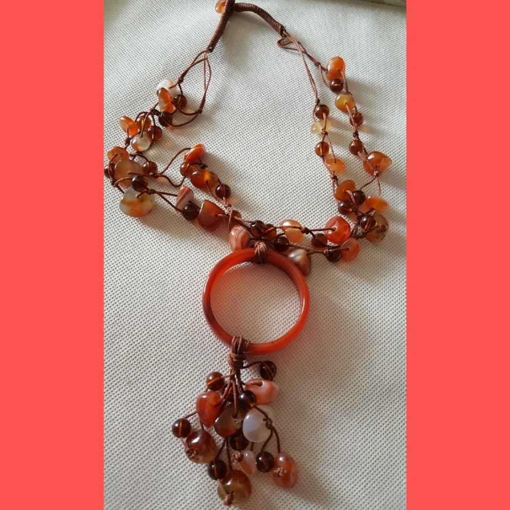Amber Stone 15-1/2" Drop Necklace With 4-1/2 " Pendant EUC