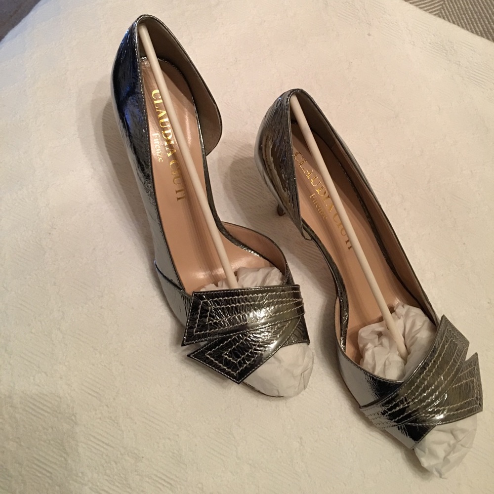 Silver leather slip on evening shoes