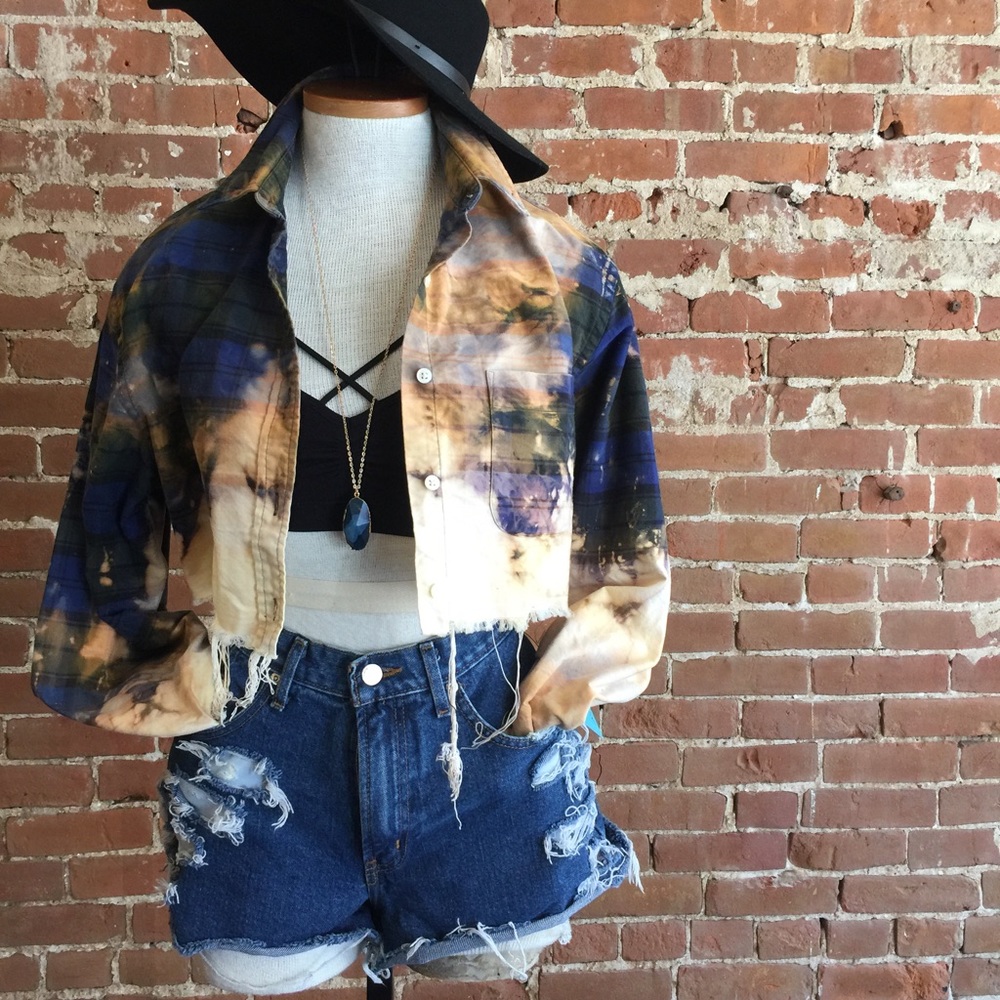 Deconstructed flannel. Crop top. Vintage Lands End - Picture 2 of 5