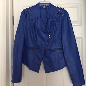 Blue Leather Jacket with studded shoulder