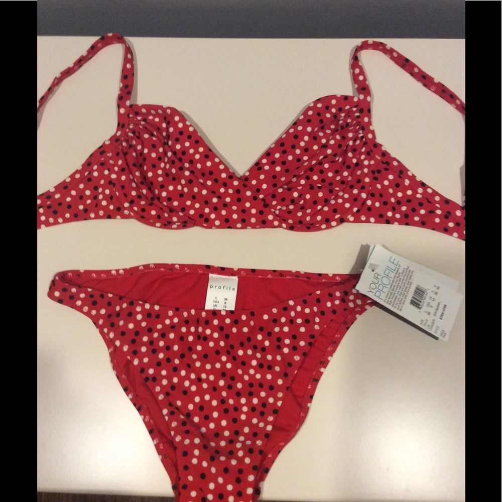 Red Profile bikini with black and white dots.