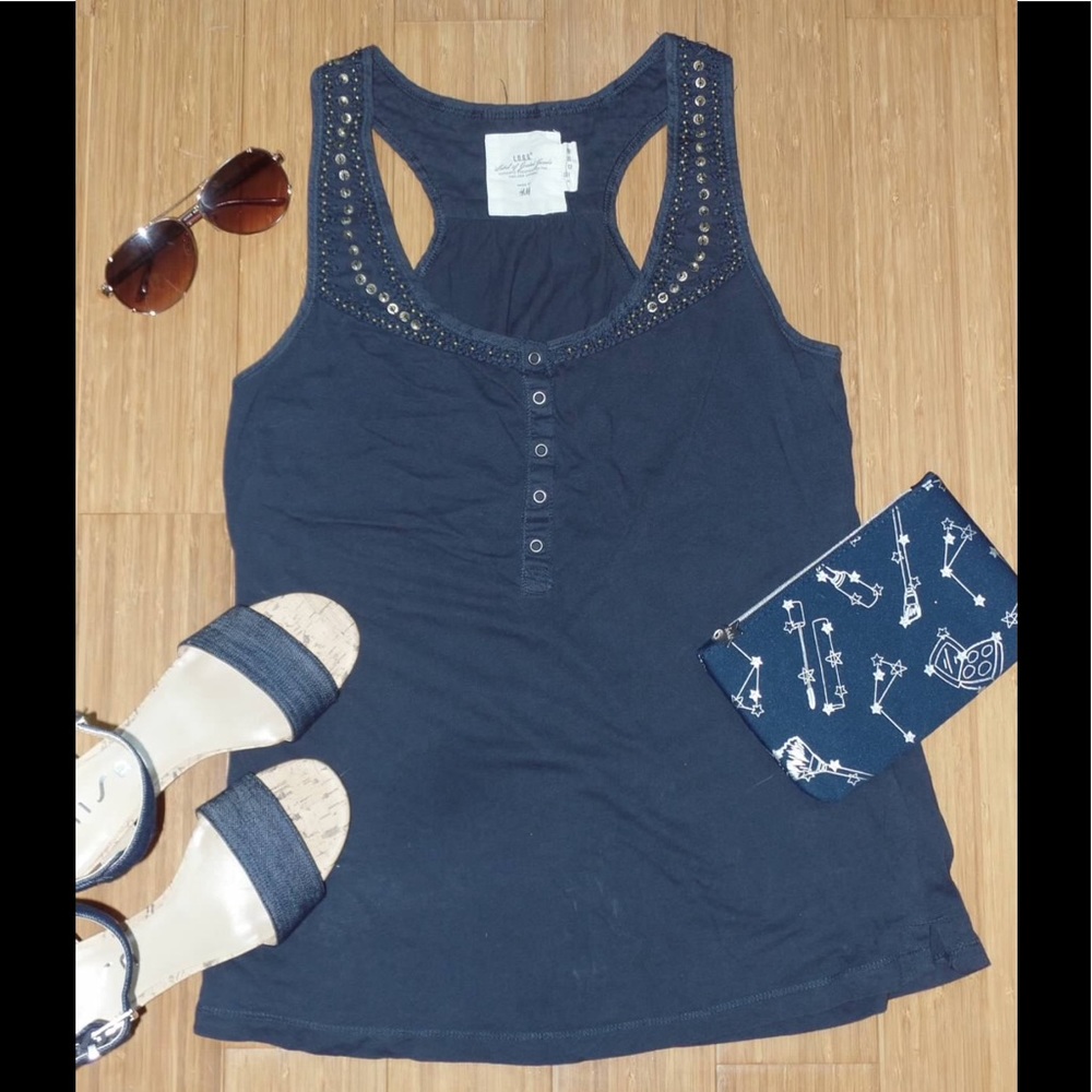 NWOT. H&M Navy Blue Gold Embellished Henley Tank