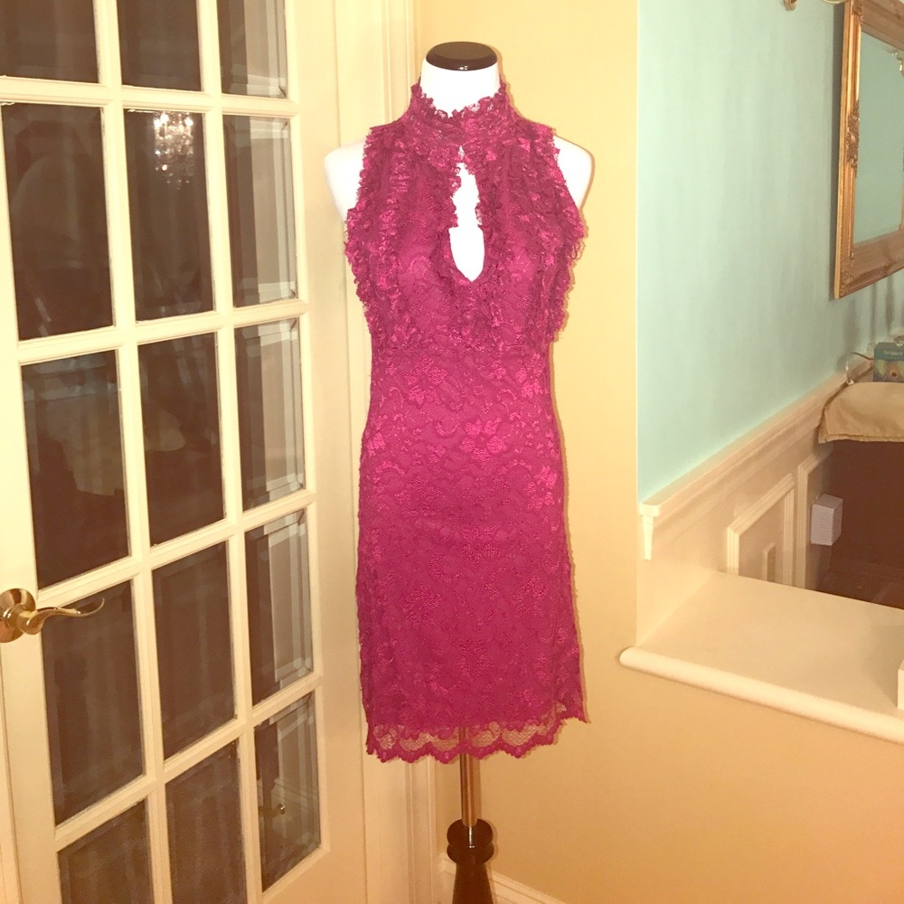 Fuschia lace fitted dress ruffled top sheer back