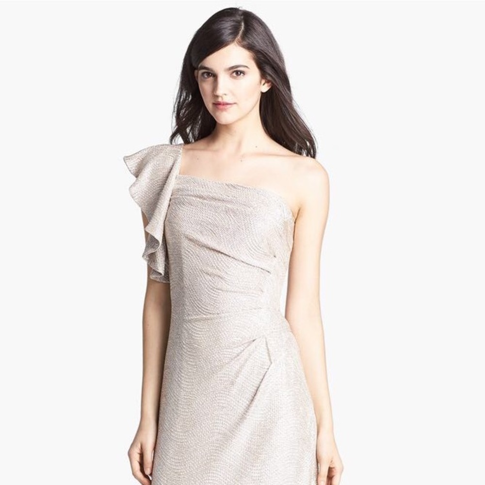 Adrianna Papell Metallic One-Shoulder Gown size 2