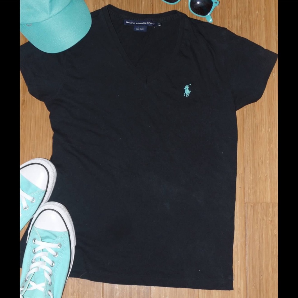 Black Ralph Lauren Sport V Neck T-Shirt Teal Logo