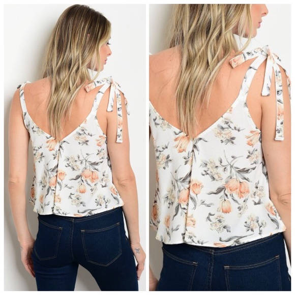 Ivory Floral Cropped Bow Tie Blouse - Picture 4 of 8