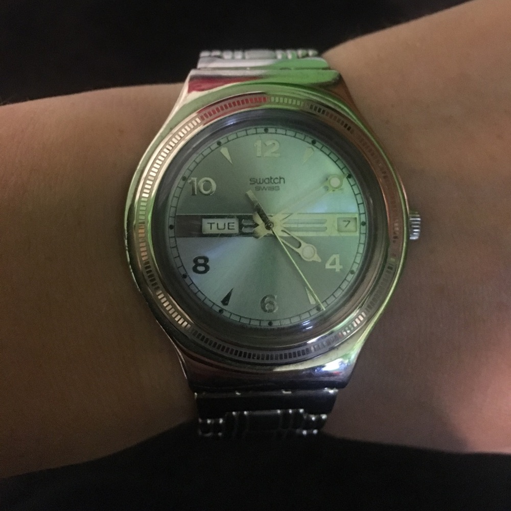 Silver Swatch Swiss with a Light Blue Face