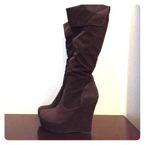 Brown Suede Knee High Wedge Boots