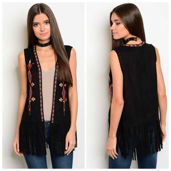 🔴SALE🔴Faux Suede Embroidered Fringe Boho Vest - Picture 2 of 4