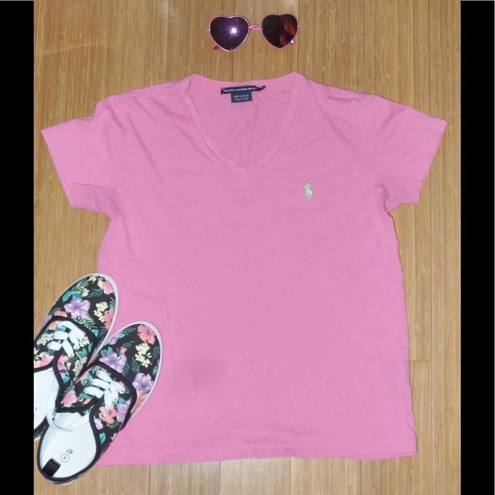 Pink Ralph Lauren Sport V Neck T-shirt Green Logo