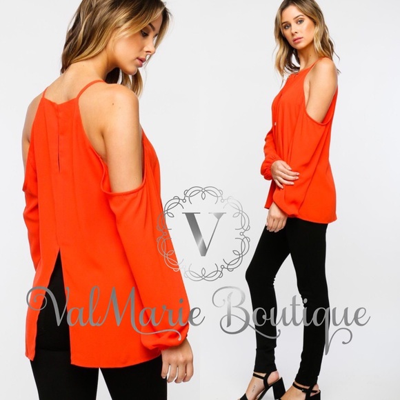 Tangerine Cold Shoulder Blouse Top - Picture 2 of 3
