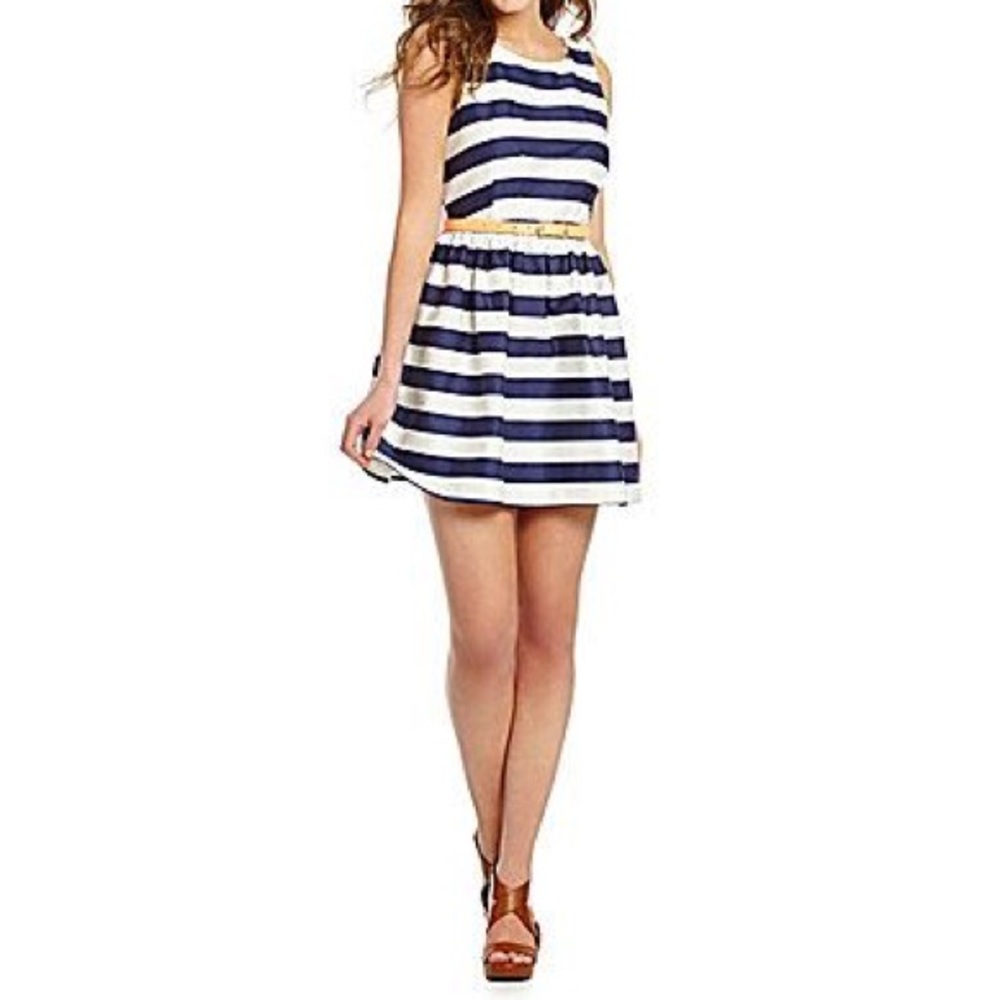 Striped Navy and White Dress with Coral Belt
