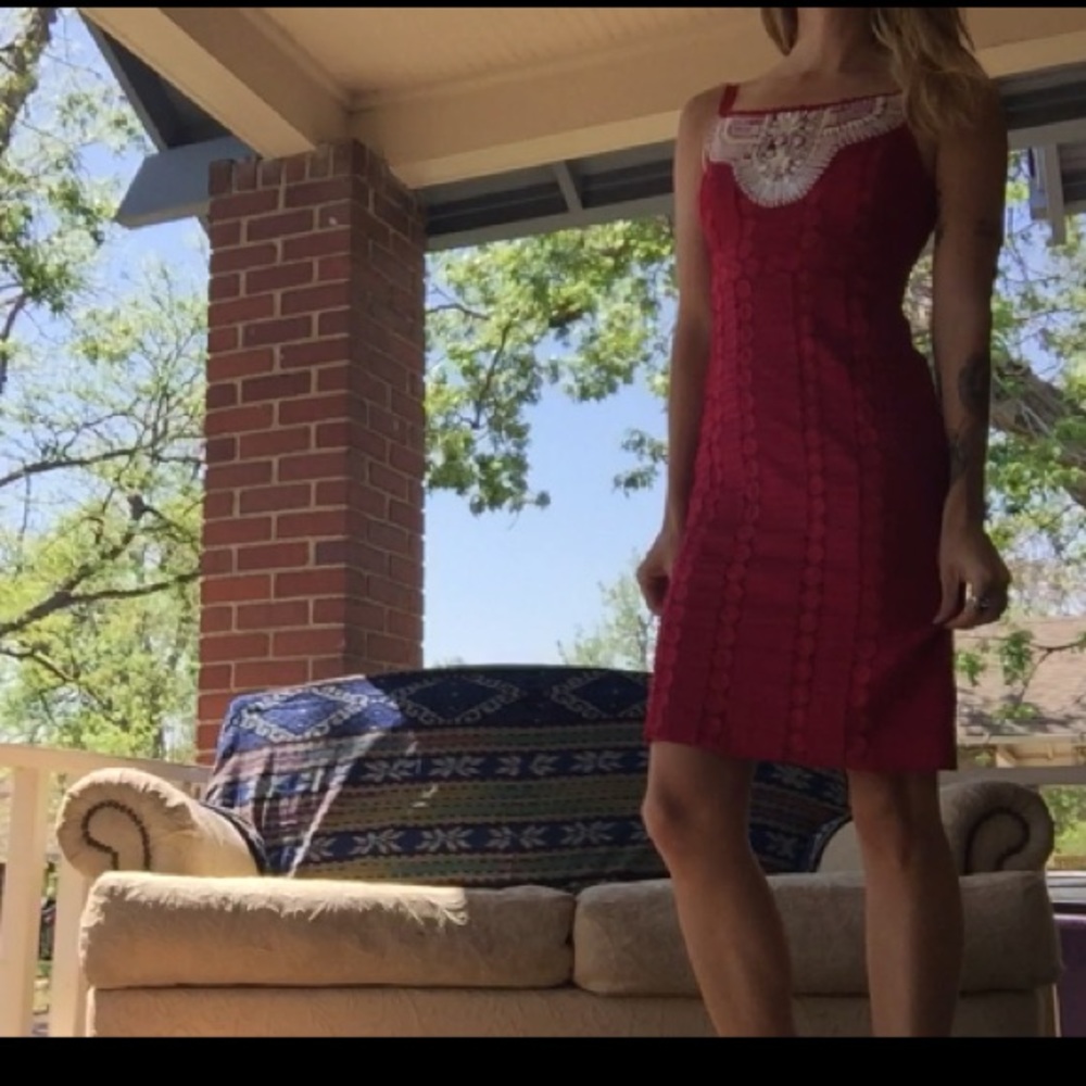 Pink eyelet pencil dress w/ sequin detail