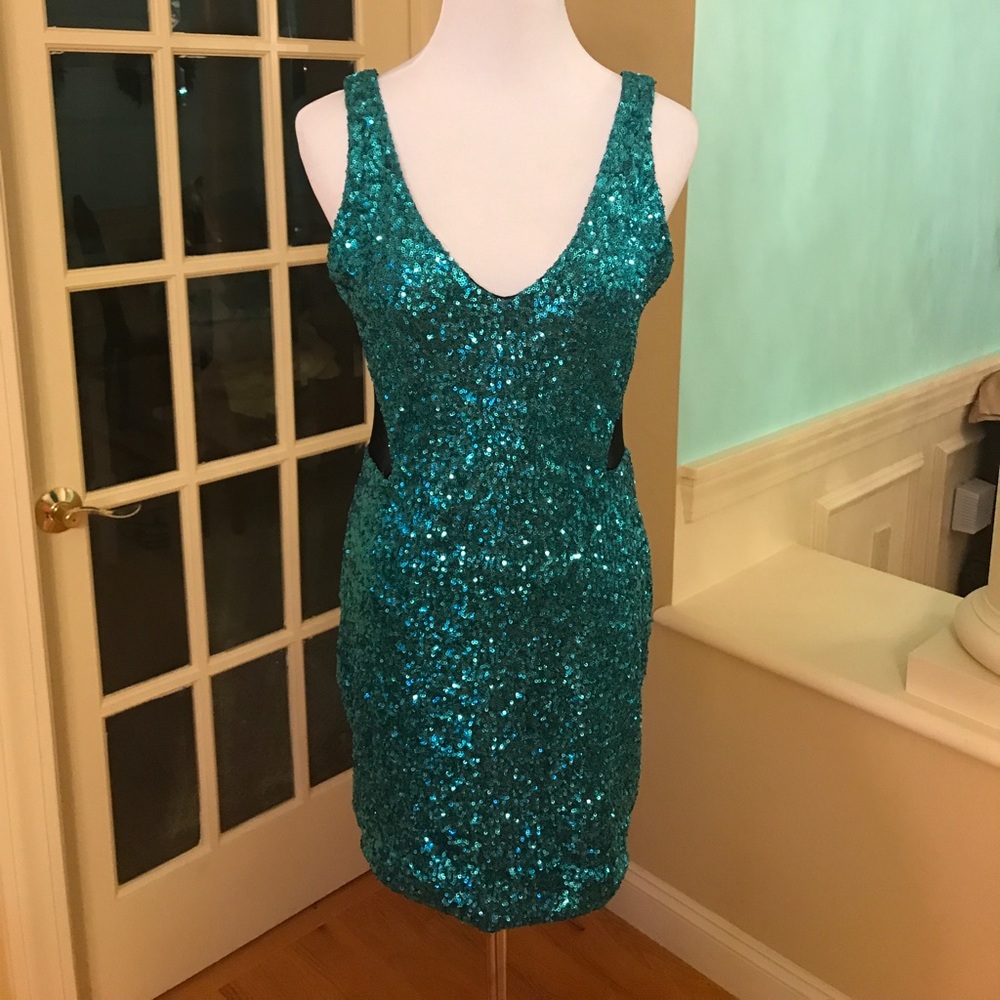 Bebe blue sequin dress with black mesh cutouts