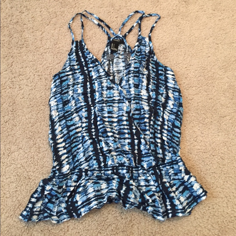 Blue v-neck tank top.
