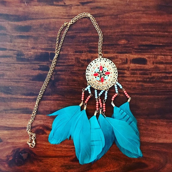 Gold & turquoise feather dreamcatcher necklace - Picture 1 of 7