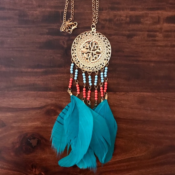 Gold & turquoise feather dreamcatcher necklace - Picture 6 of 7