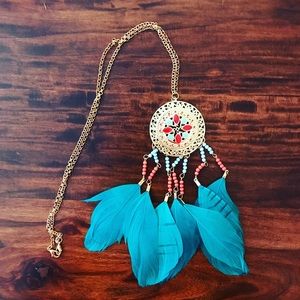 Gold & turquoise feather dreamcatcher necklace