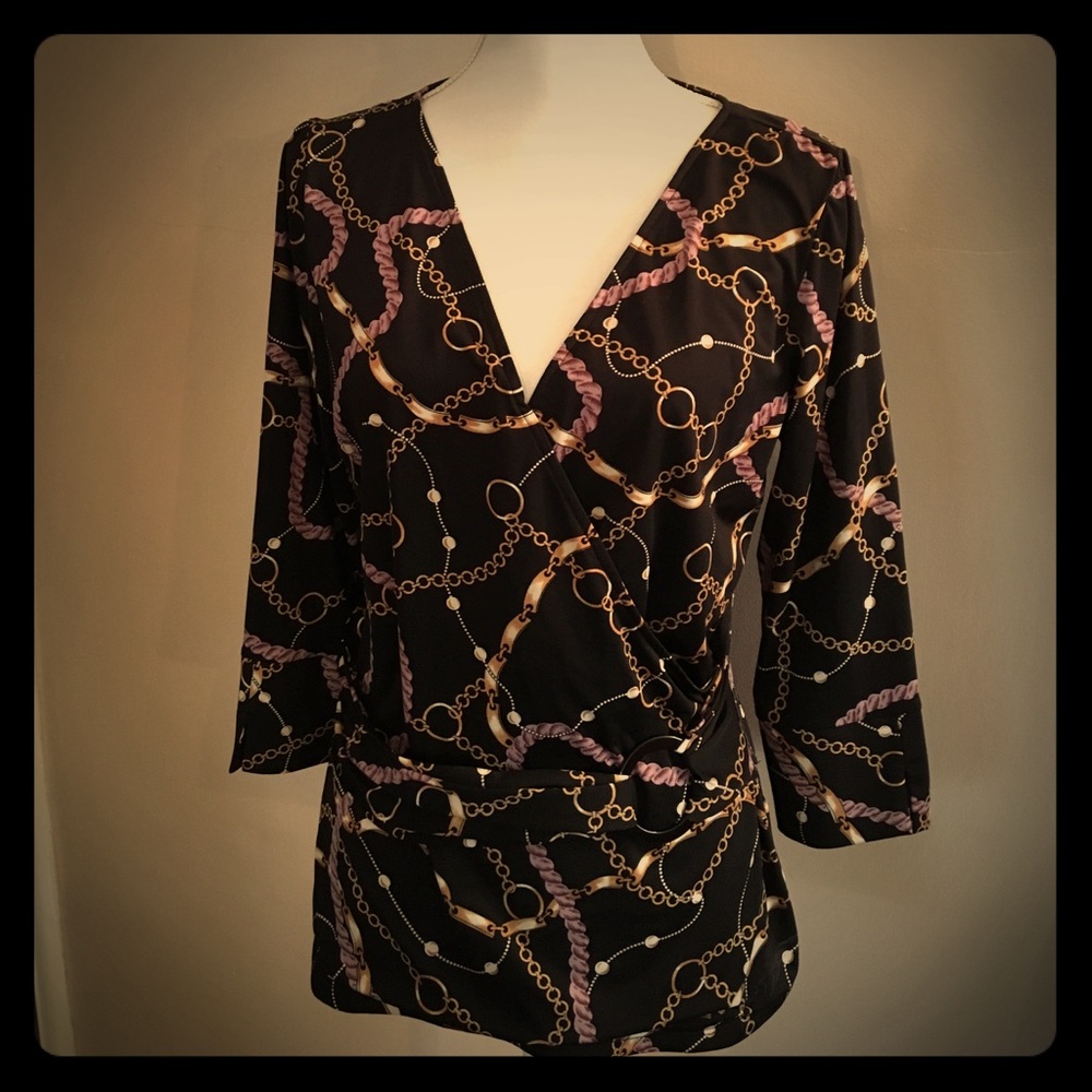 INC faux wrap top w/attached belt.  Jewelry design