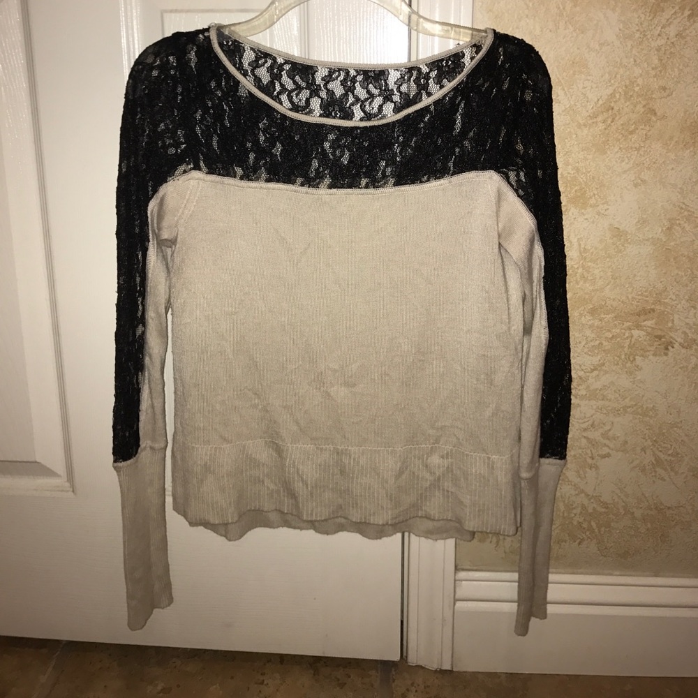 Rachel Roy tan shirt with black lace detailing
