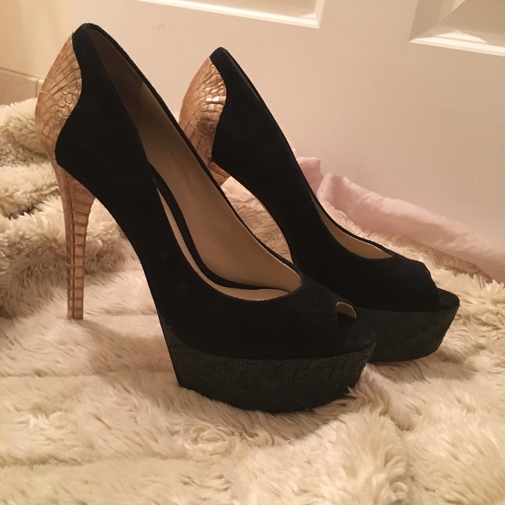 B Brian Atwood Black Suede Gold Foil Platform Pump