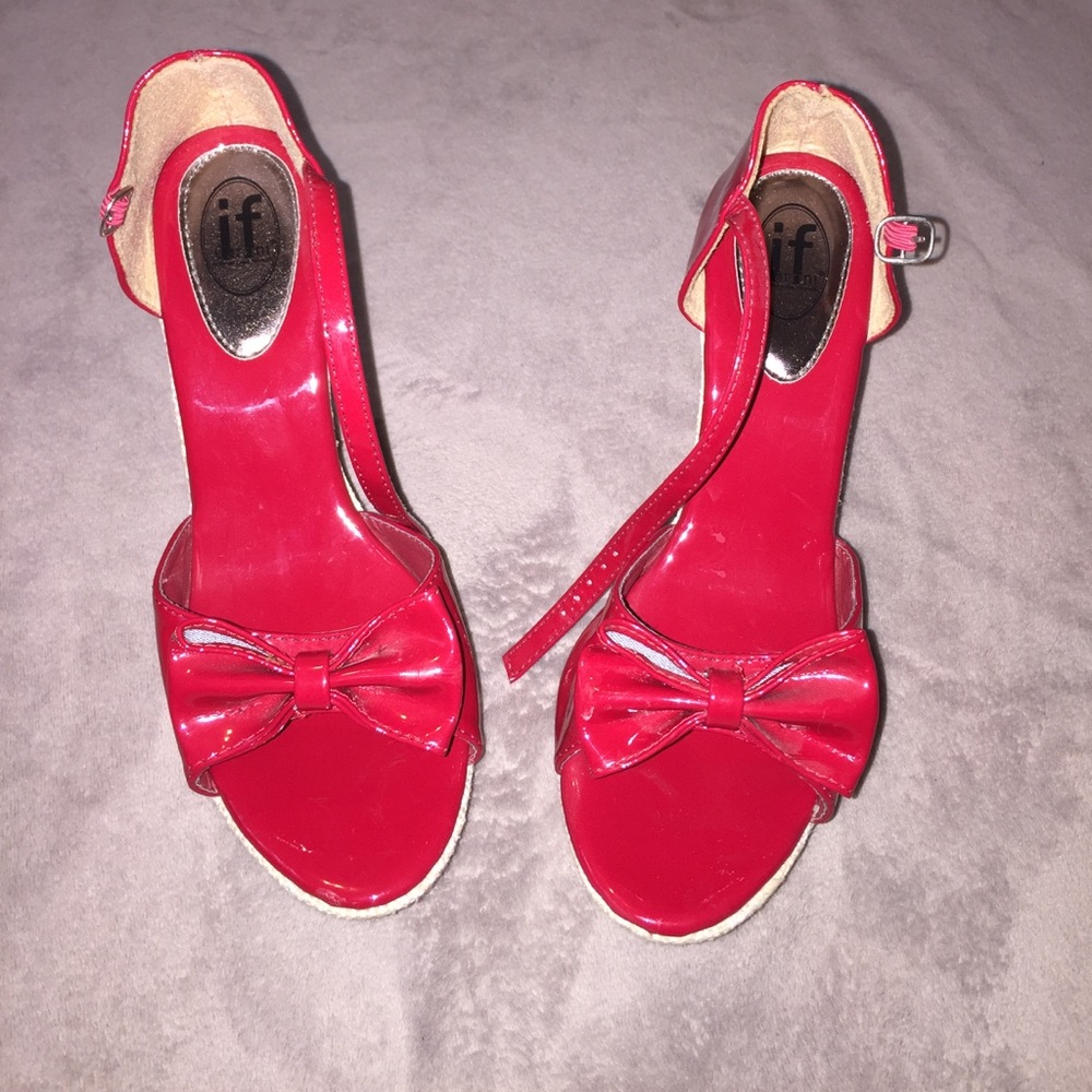 Patent Leather Red wedge open toe heels