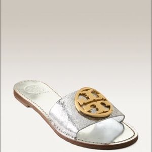Tory Burch silver and gold slide sandals